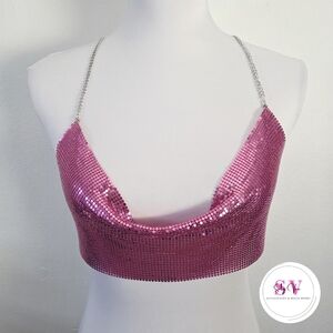 Pink sequin crop halter top with silver chain straps